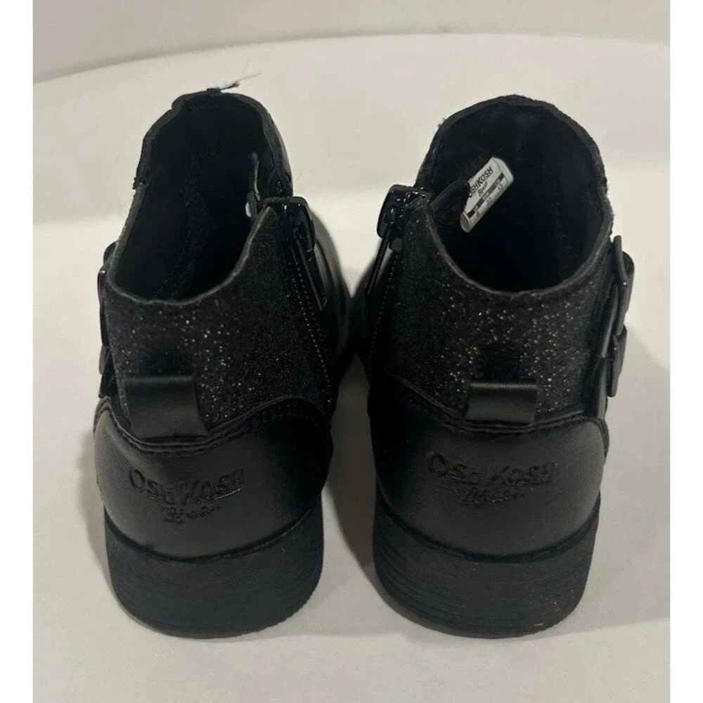 OshKosh B’gosh Toddler Girls Black Ankle Boots Size 6 Glitter Buckle Zip